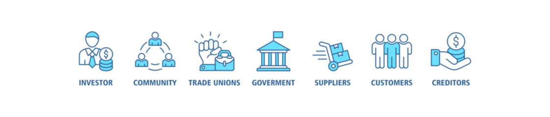 Stakeholder relationship banner web icon set vector illustration concept for stakeholder, investor, government, and creditors with icon of community, trade unions, suppliers, and customers