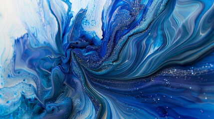 Dynamic cobalt marble ink swirls mysteriously within an enchanting abstract landscape, glinting with subtle glitters.