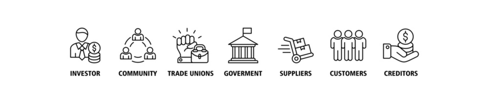 Stakeholder relationship banner web icon set vector illustration concept for stakeholder, investor, government, and creditors with icon of community, trade unions, suppliers, and customers