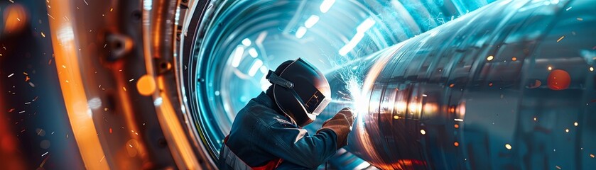 A welder works on a large metal pipe in a factory Industrial 4.0 Digital Visualization: Heavy Industry Welder Working, Welding Inside Pipe. Construction of NLG Natural Gas and Fuels Transport Pipeline