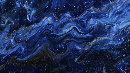 Dynamic cobalt marble ink swirls mysteriously within an enchanting abstract landscape, glinting with subtle glitters.