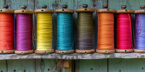 Close up picture of spool of colorful threads in the old wooden box
