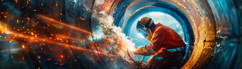 A welder working in a large pipe