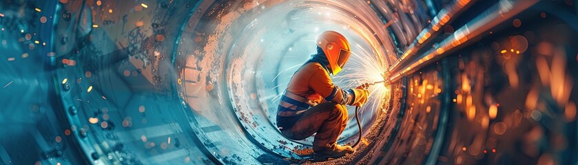 A welder working in a pipe