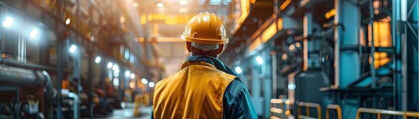 A worker in a hard hat and safety vest walks through a brightly lit factory