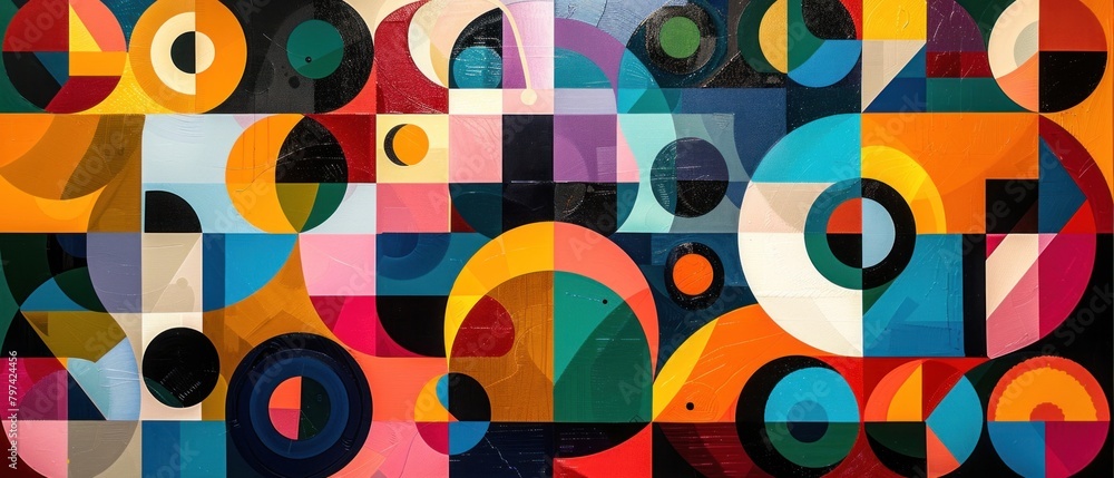 Poster amidst the geometric tapestry, a sense of unity prevails, as if each shape is interconnected, formin