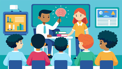 A middle school classroom where students are learning about the ethical considerations of using neuroimaging techniques in diagnosing learning. - obrazy, fototapety, plakaty
