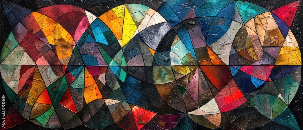 Poster amidst the geometric tapestry, a sense of unity prevails, as if each shape is interconnected, formin