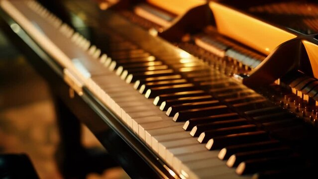 Gentle waves of harmonious sound emanate from the heart of a majestic grand piano, its open lid revealing the intricate inner workings. 
