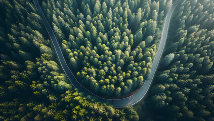 Top view on mountaint road with dark green forest around