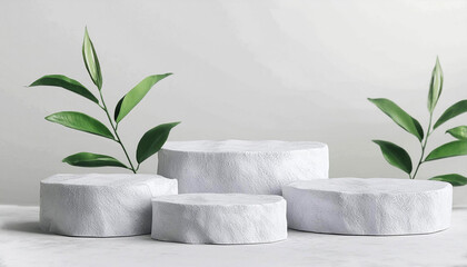 White stone product display podium with nature leaves background