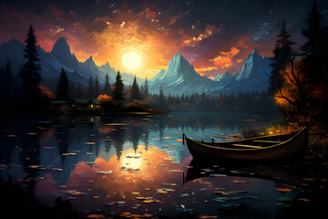 Fantasy landscape with lake. forest and boat. Digital painting.