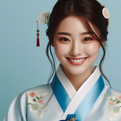 beautiful woman wearing traditional hanbok dress. Generative Ai