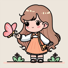 a cute girl vector illustration line art  simple and fill color
