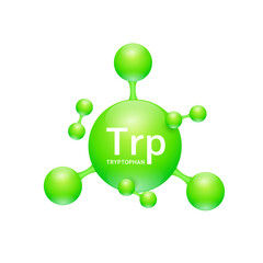 Tryptophan amino acid. Molecules that combine to form proteins nutrients necessary for health muscle. Biomolecules model 3D green for ads dietary supplements. Medical scientific concepts. Vector.