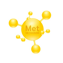 Methionine amino acid. Molecules that combine to form proteins nutrients necessary for health muscle. Biomolecules model 3D yellow for ads dietary supplements. Medical scientific concepts. Vector.
