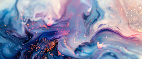 Dynamic cobalt marble ink drifts serenely amidst a celestial abstract backdrop, speckled with...
