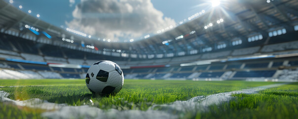 Soccer ball on the green grass of the football stadium with blurred background