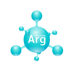 Arginine amino acid. Molecules that combine to form proteins nutrients necessary for health muscle. Biomolecules model 3D blue for ads dietary supplements. Medical scientific concepts. Vector.