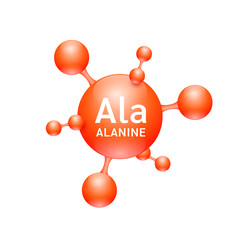 Alanine amino acid. Molecules that combine to form proteins nutrients necessary for health muscle. Biomolecules model 3D red for ads dietary supplements. Medical scientific concepts. Vector.