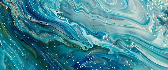 Dynamic aquamarine marble ink flows gracefully across a whimsical abstract backdrop, adorned with radiant glitters in shades of blue and green. - obrazy, fototapety, plakaty