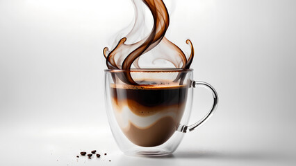 Transparent cup with steaming coffee on a white background