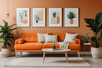 Creative composition of stylish living room interior with mock up poster frames, orange sofa, beige commode, coffee table and stylish personal accessories.Plants lover space. Template.