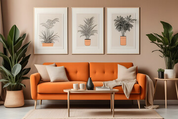 Creative composition of stylish living room interior with mock up poster frames, orange sofa, beige commode, coffee table and stylish personal accessories.Plants lover space. Template.