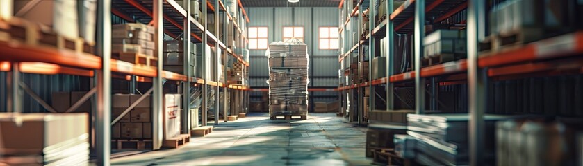 A warehouse full of shelves and boxes. - obrazy, fototapety, plakaty