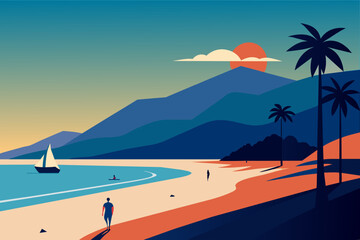 Ilustración vectorial de un hombre que camina por una playa con montañas al fondo