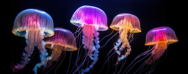 Beautiful glowing jellyfish on dark background sea - Powered by Adobe