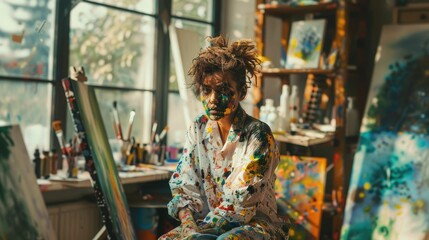 The picture of the person is painting art with colours and working inside their own workshop filled with colourful colour, the painter require skill like creativity, imagination and experience. AIG43.