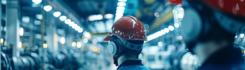 A factory worker wearing a hard hat looks over the production line.