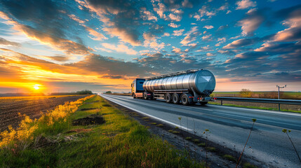 A tanker truck carrying fuel navigates down a highway, its presence illuminated by the warm hues of the setting sun