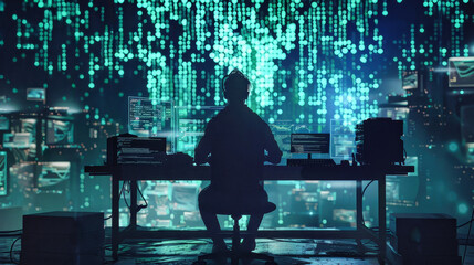 A hacker sits at a desk, immersed in the glow of a computer screen, meticulously manipulating code and unraveling digital mysteries