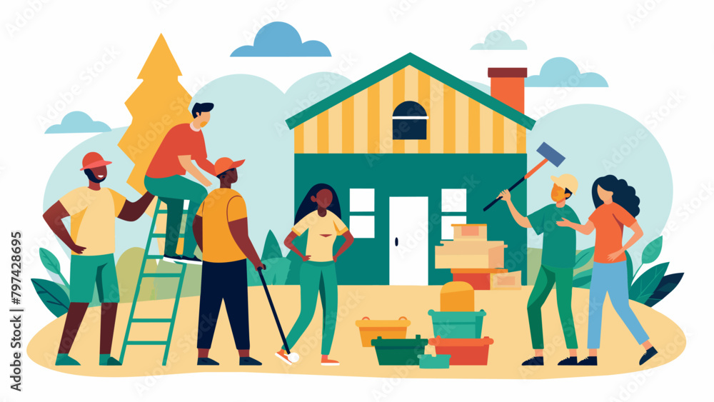 Poster a team of volunteers working to renovate a local community center preserving the history and importa