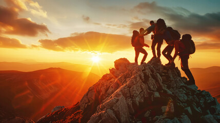 A diverse group of hikers conquer the challenging terrain as they stand proudly at the peak of a breathtaking mountain