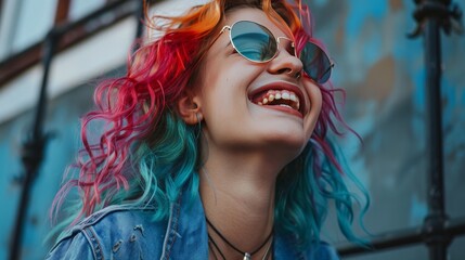 Stylish young girl with multicolored hair laughs and looks up High quality photo
