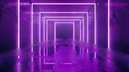 Violet neon frame 3D rendering purple geometric with floor reflection
