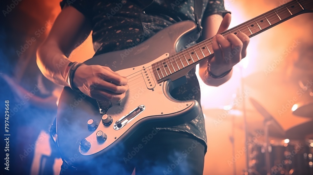 Wall mural close up musician playing electric guitar on a concert stage