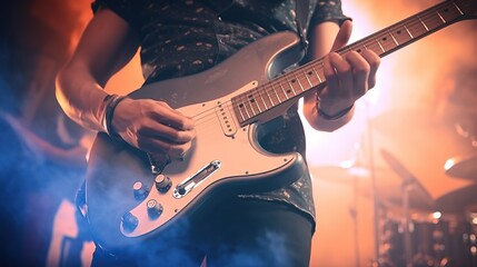 Obraz premium Close up musician playing electric guitar on a concert stage