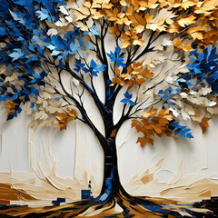 Intricate Tree Art: Abstract Painting in White, Bronze, Blue, and Beige with Oil Brushstrokes & Palette Knife Texture on Minimalist Black Background