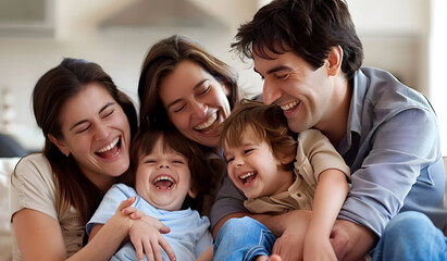 Fototapeta premium Happy family with child sitting on sofa