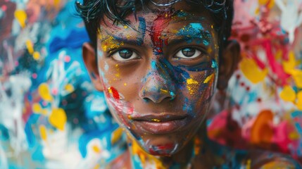 The picture of the young middle eastern young male is using the colour to paint everything around him, the painter require skill like the creativity, experience, colour theory and imagination. AIG43.