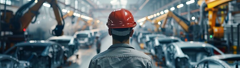 A worker in a hard hat looking at a production line of cars
