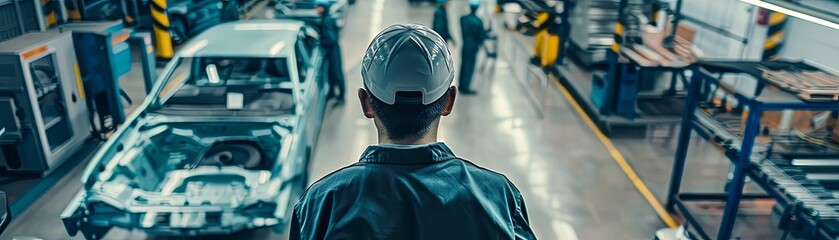 A worker in a hard hat looking at a car on the assembly line