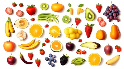 A collage of fruits and vegetables including one that says 