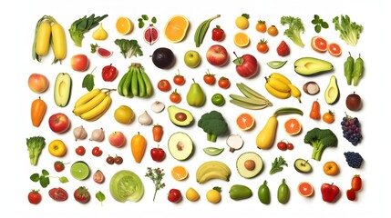Seamless pattern of various fresh vegetables and fruits isolated on white background, top view, flat lay. Composition of food, concept of healthy eating. Food ... See More
