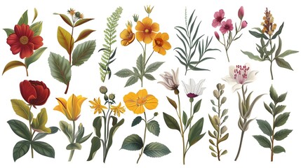 Vector hand drawn flowers and leaves black colorful designs
