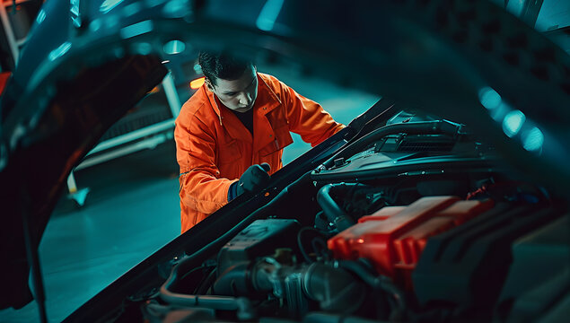 Auto mechanic working on car broken engine in mechanics service or garage. Transport maintenance wrench detial